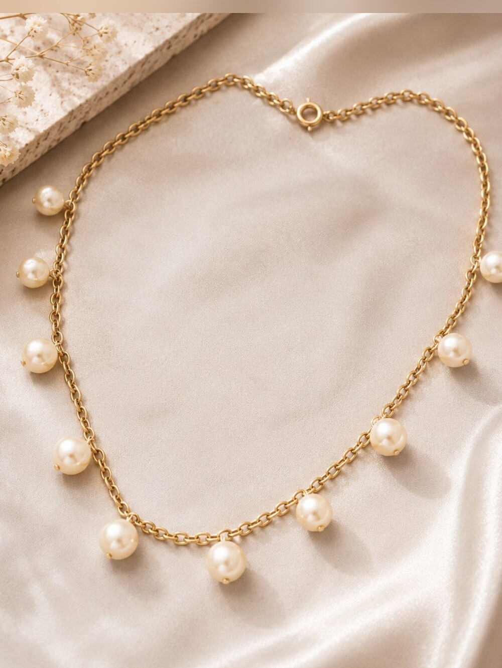 Gold Tone Faux Pearl Station Necklace 16" Dainty Minimalist Choker - Picture 1 of 10